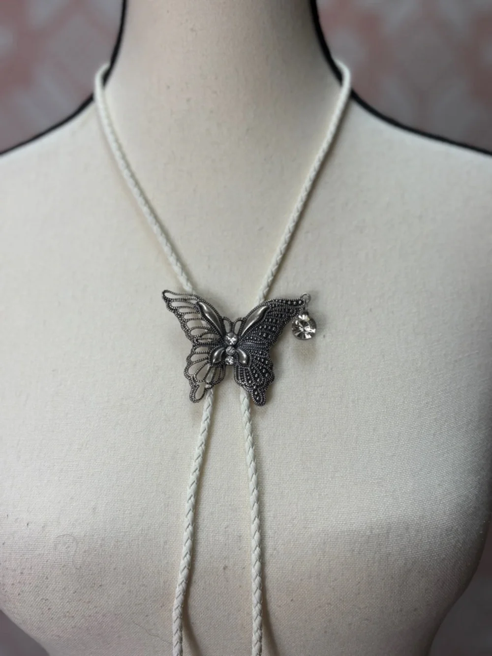 Handcrafted Butterfly Bolo Tie Necklace White Braided Cord - Picture 2 of 7